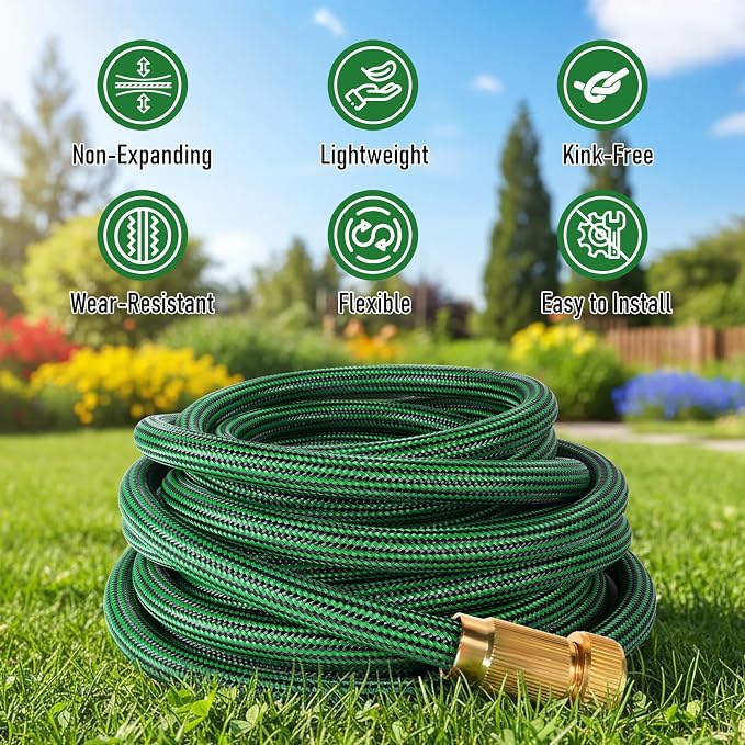 NON-EXPANDABLE Garden Hose 25 ft, Heavy Duty Flexible Water Hose, Kink Resistant Lightweight Hybrid Hose with Durable Fabric Skin, Leakproof Hose Male to Female Fittings