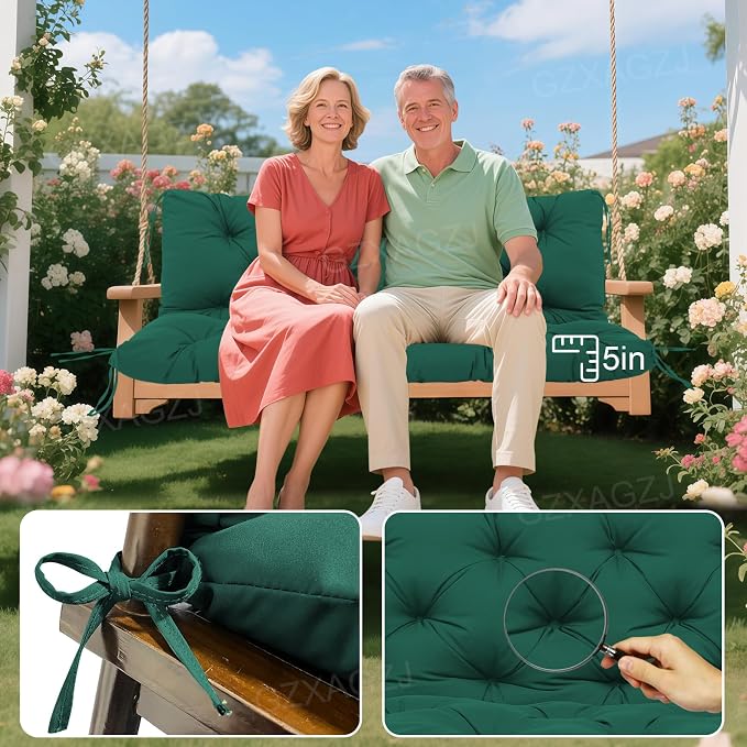Outdoor Swing Cushions 48 inch Waterproof Porch Swing Cushions 2-3 Seater Replacement with Backrest and Ties Swing Bench Cushions for Outdoor Furniture Patio Porch Backyard Garden(Dark Green)