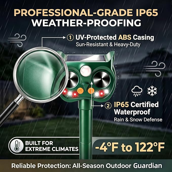 2Pack Upgraded Deer Repellent Devices Solar Ultrasonic Animal Repellent Outdoor with Motion Sensor Strobe Light for Squirrel Raccoon Rabbit Cat Bird Volume Control Keep Pests Out of Yard Farm