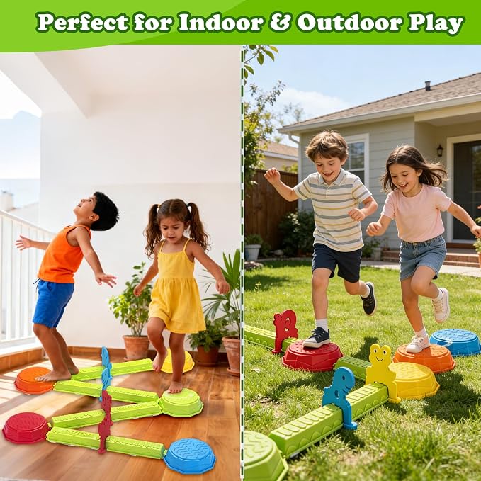 VROGTIK Stepping Stones for Kids, 15 Piece Balance Beams Toddler Stepping Stones Obstacle Course Sensory Toys with Game Spinner and Card for Indoor Outdoor Toys Gifts for 3 4 5 6 7 8 9 Years Old Kids