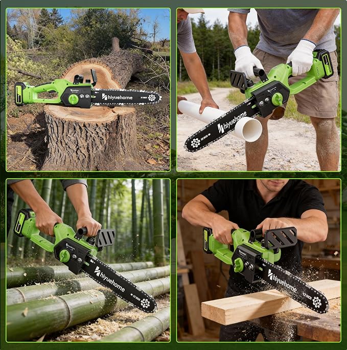 Power Chainsaw 12inch,Chainsaw Cordless w Automatic Oiler, Handheld Electric Power Chain Saw w Security Lock, Brushless Motor,for Wood/Trees Trimming (Green - 2 batteries, 12 INCH)