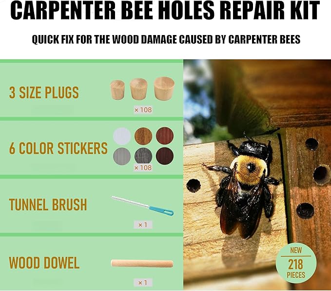 218 Pieces 3-in-1 Carpenter Bee Holes Repair Kit, Small Medium Large Wood Bee Hole Plugs, Carpenter Bee Corks Set, 3-Step Total Fix Solution