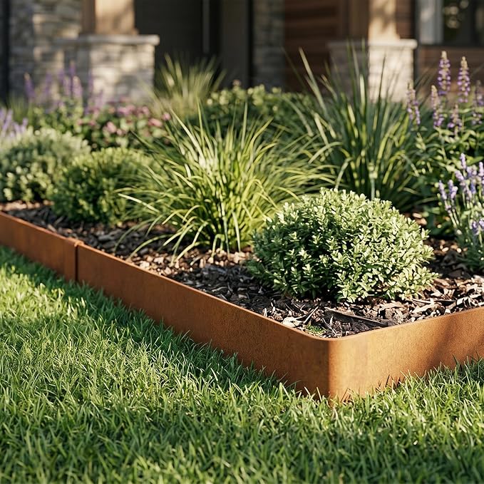 Worth Garden 6-Pack Pre-Rusted Cor-Ten Steel Landscape Edging - 40" L x 6" H Each (20ft Total) - No-Dig Hammer-in Heavy Duty 14-Gauge Metal Edging Border w/ 7 Clips & Gloves - Edge for Lawn Yard