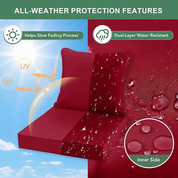 Summsun Outdoor Cushions for Patio Furniture, Double-Sided Waterproof Backrest and Seat Cushion Set with Removable Cover, 19 x 19 Inch, Red, Set of 4