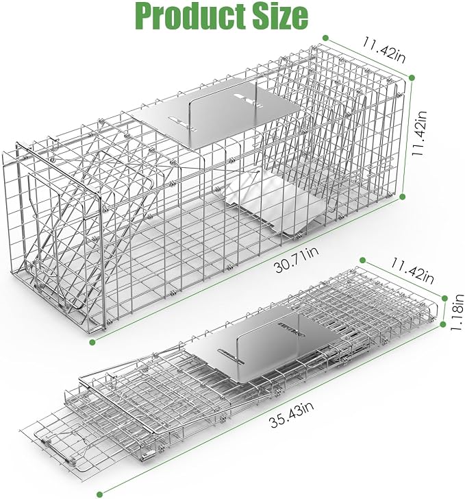 TeqHome Live Animal Trap Cage with Cover, 31"x12"x12" Large Foldable Galvanized Steel Humane Cat Trap, Heavy Duty Metal Raccoon Traps for Stray Cats Opossums Groundhogs Skunks Squirrels Chipmunks Mole