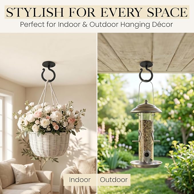 RTZEN Plant Hangers Outdoor or Indoor - Wrought Iron Metal Hanger Indoor Hook - Heavy Duty Wall Bracket Hooks for Hanging Plants Baskets Lanterns Bird Feeders - 2 Pack (Black Ceiling Hooks 3.1")