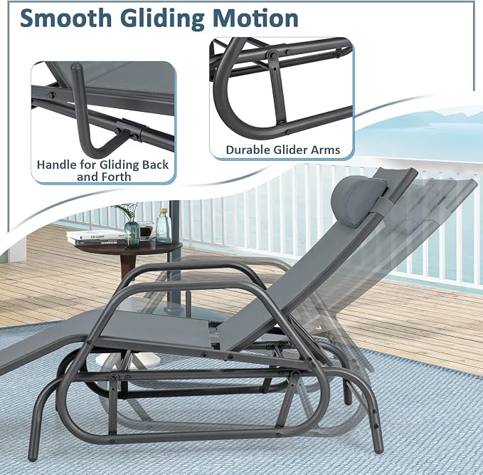 Tangkula Outdoor Glider Recliner Chair, Adjustable Backrest Patio Gliding Lounger Chair with Armrests and Pillow, Outdoor Swinging Rocking Chair with Breathable Fabric for Poolside, Backyard (1, Grey)