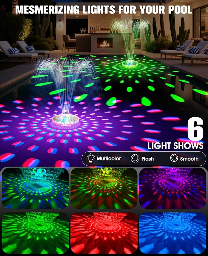 Solar Pool Fountain with Light Show, 2026 Upgraded Large Solar Pool Water Fountain, Floating Pool Fountain for Above Ground Pool,Solar Floating Fountain Pump for Nighttime Use Blue-1PK