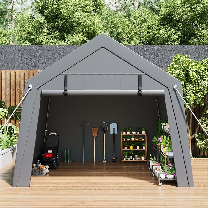 Portable Carport Storage Shed, 10' x 15' Motorcycle Tent, Waterproof & UV-Resistant with Roll-Up Zipper Doors, Gray Outdoor Shelter for Bikes, Tools & Equipment