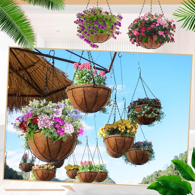 Dandat 1 Piece 10 Inch Metal Hanging Planter Basket with Coconut Coir Liner Metal Wire Plant Holder Chain Watering Outdoor Hanging Pots Flower Pot Hanger for Porch Indoor Outdoor Garden Decorations
