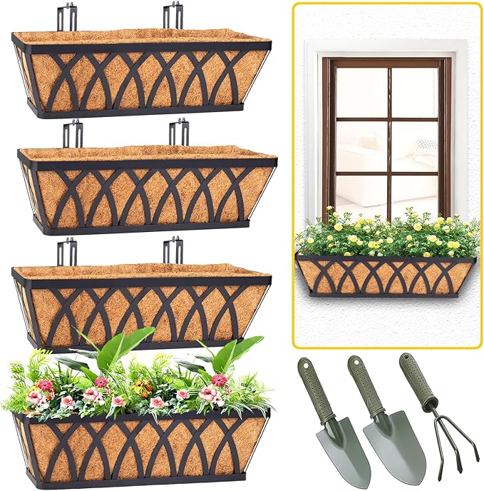 HKZ Deck Balcony Railing Planter Window Boxes - 4 Pack 30 Inch Planter Box, Balcony Planters Railing Hanging, Window Boxes Outdoor Fence Planters