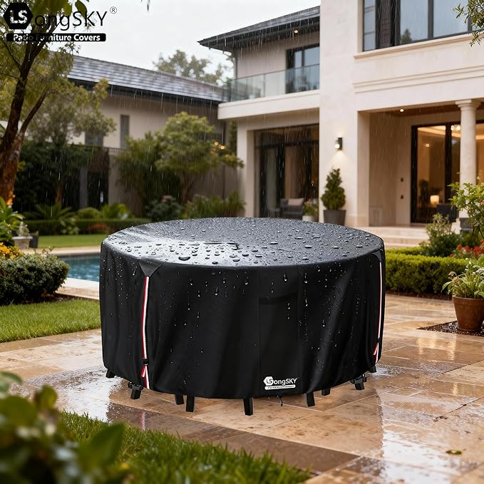 Round Patio Furniture Covers,600D Heavy Duty Waterproof Outdoor Furniture Cover for Round Dining Table with Rocking Swivel Chairs Set,72" Dia x 28" H Black