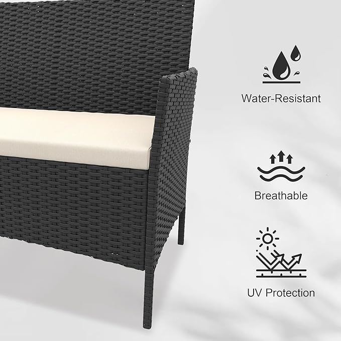 GAOMON 4 Piece Patio Furniture Set, Modern Patio Conversation Set with Glass Coffee Table, PE Wicker & Cushions for Poolside, Deck, Balcony, Black & Beige