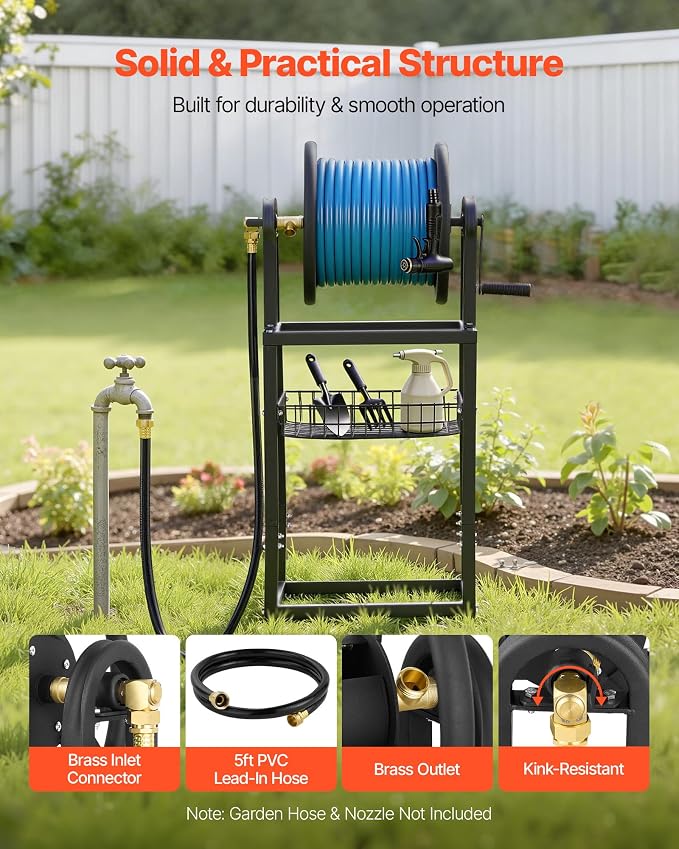 VEVOR Freestanding Garden Hose Reel, Holds 125 Feet of 5/8-inch Hose, Wall Mount or Ground Mount, Detachable Holder Stand with Storage Rack, 5 ft Leader Hose, Brass Fitting, 4 Spikes, for Backyards