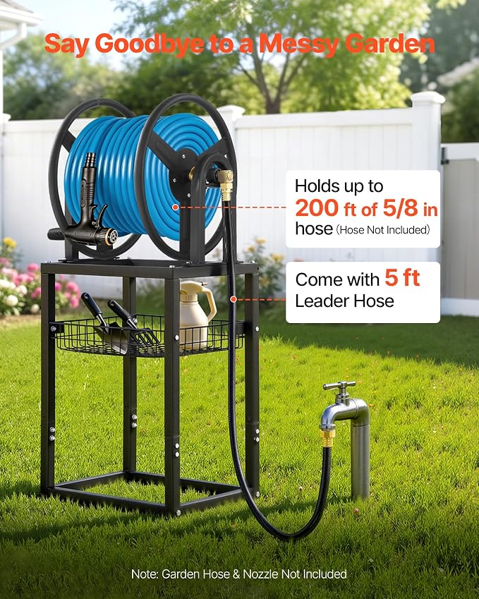 VEVOR Freestanding Garden Hose Reel, Holds 200 Feet of 5/8-inch Hose, Wall Mount or Ground Mount, Detachable Holder Stand with Storage Rack, 5 ft Leader Hose, Brass Fitting, 4 Spikes, for Backyards
