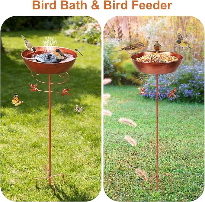 Metal Bird Bath for Outside Solar Powered Bird Bath Fountain, Freestanding Birdbath Feeder Bowl for Outdoor Garden Patio Yard Lawn Decor, Bronze, 41 in