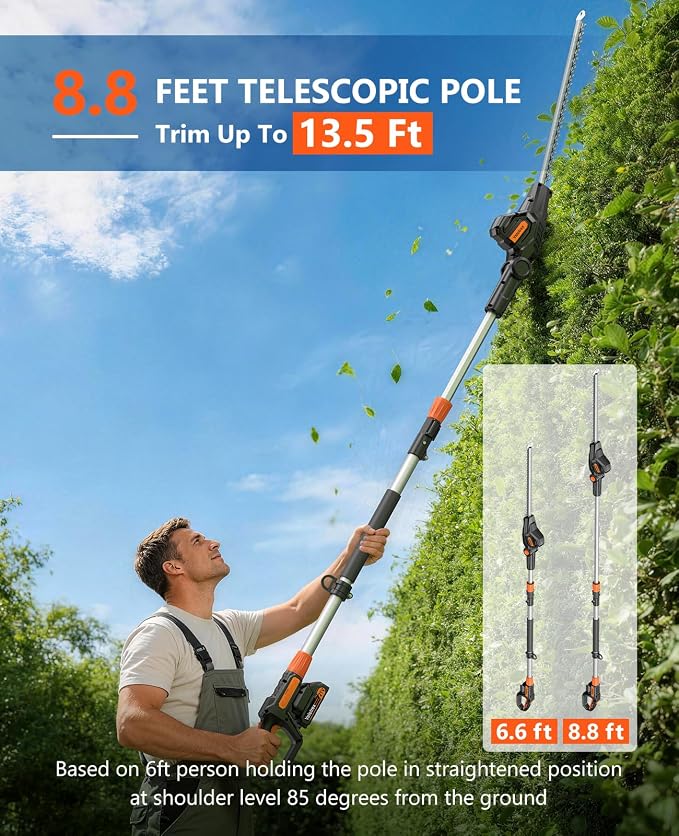 Pole Hedge Trimmer Cordless with 2 x 2000mah Batteries, 13.5 Ft Reach Electric Bush Trimmer for Yard and Garden, Hedge Trimmer with extension pole of 8.8Ft for Tall Hedge and Branches Pruning