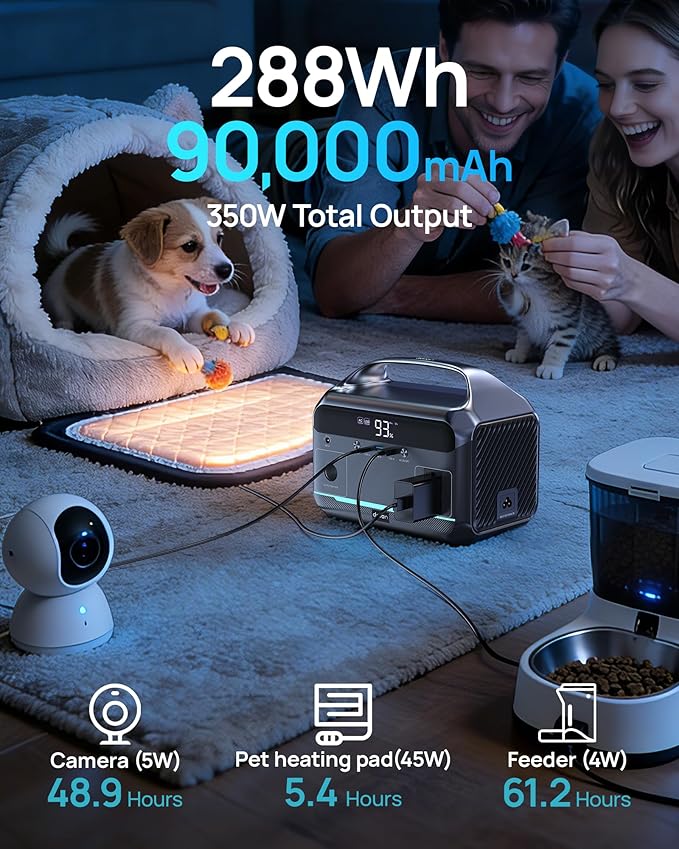 DARAN Portable Power Station with 60W Solar Panel, 288Wh (90,000mAh) LiFePO4 Battery, 350W (600W Peak) Mini Solar Generator, 2.1Hrs Fast Charing, 7-Port Design with AC Outlet for Emergency, Hurricane
