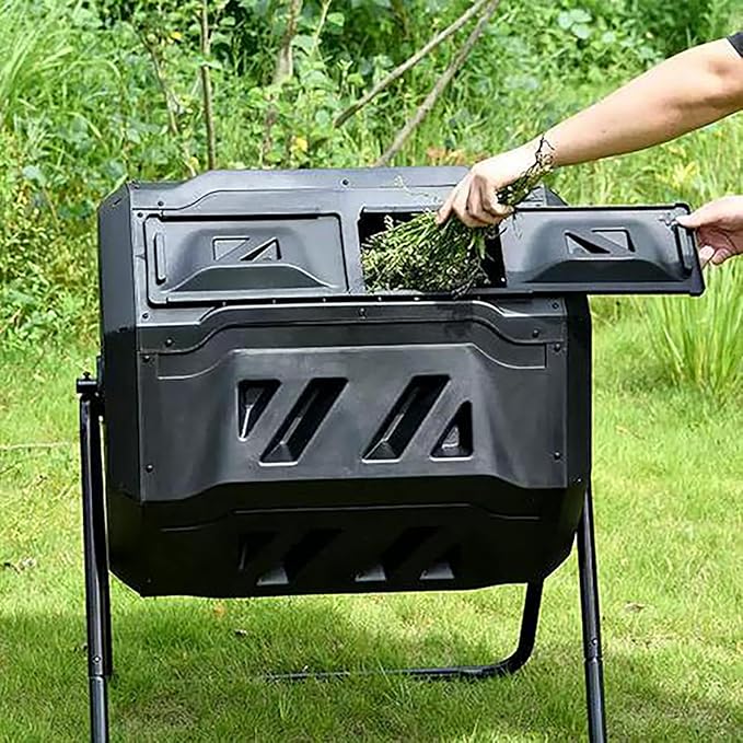Outdoor Tumbling Composter, 43 Gallon Black Door, Fast Assemble Tumbling Composter, Dual Chamber Composter Tumbler, Rotating Compost Bin for Outside, Backyard, Garden and Yard
