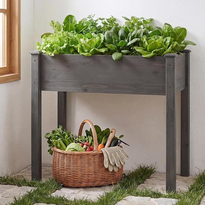 Simple Deluxe Raised Garden Bed with Legs, 34x18x30 Inch Wooden Planter Box with Liner, Elevated Outdoor Garden Box for Patio, Balcony & Backyard Use, Grey