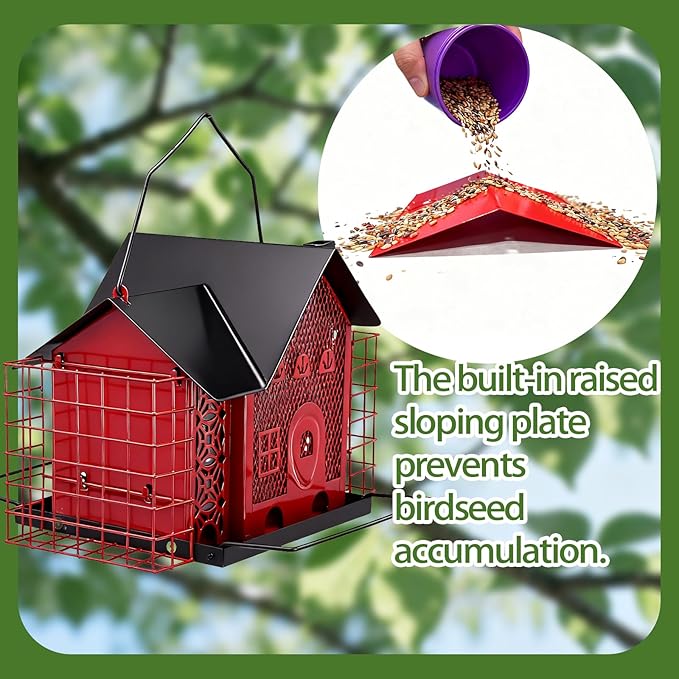 Outdoor Hanging Bird Feeder Large Capacity Durable and Sturdy Decorative Metal Bird Feeder Green and Black Two-Tone Waterproof Design with Sloped Tray Easy-Fill Wild Bird House (Red)