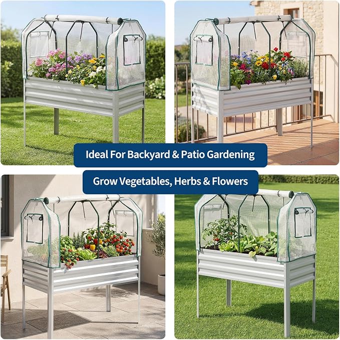 48×24×56in Galvanized Elevated Raised Garden Bed with Legs, Greenhouse Cover & Bird Net, Deep Metal Raised Planter Box for Backyard Patio Balcony Vegetables Herbs Flowers