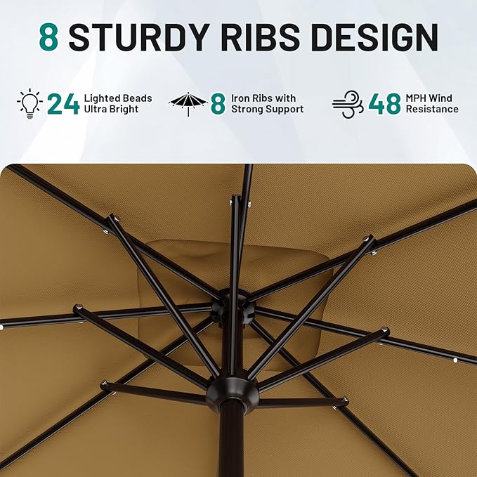AreShark 8' X 10' Rectangular Patio Umbrella with Solar Lights, Lighted Solar Umbrella with Crank, Outdoor Table Umbrella for Garden, Deck, Backyard, Pool and Beach, Khaki