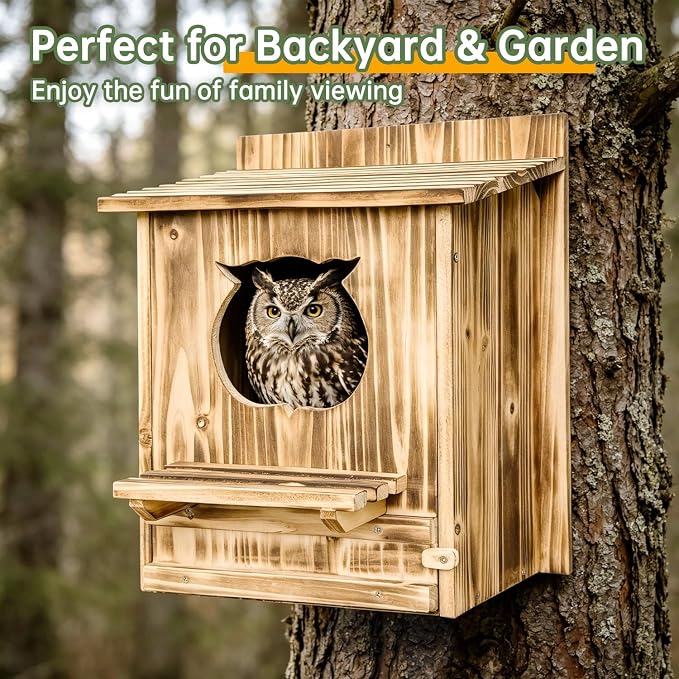 Owl House Bird House for Outside - 14.2×12×7.5 Inch Screech Owl Nesting Box, Owl-Shaped Entrance, Wooden Bird Box, Easy to Install, Ideal for Backyard Birding & Wildlife | Owl-Shaped Entrance, Wooden Bird Box, Easy to Install, Ideal For Backyard Birdin...