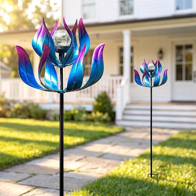 61'' Solar Wind Spinners for Yard and Garden - Large Metal Kinetic with Solar Powered LED Crackle Glass Globe, Vibrant Blue & Purple Gradient Lotus Flower Yard Art for Outdoor, Patio, Lawn Decor