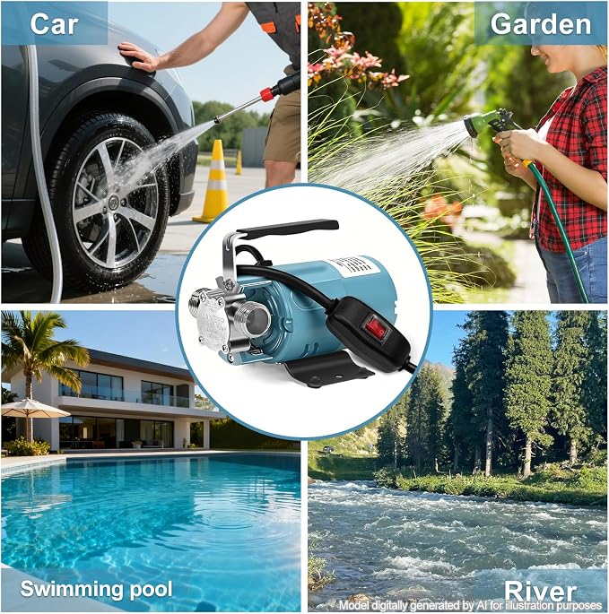 Water Transfer Pump, 115V 1/10HP Electric Utility Pump with On/Off Switch 2*6 ft Water Hoses Kit for Removing Water from Garden Pool Aquariums Hot Tub Draining 1/8’’ Low Suction for Rain Barrel (Blue)