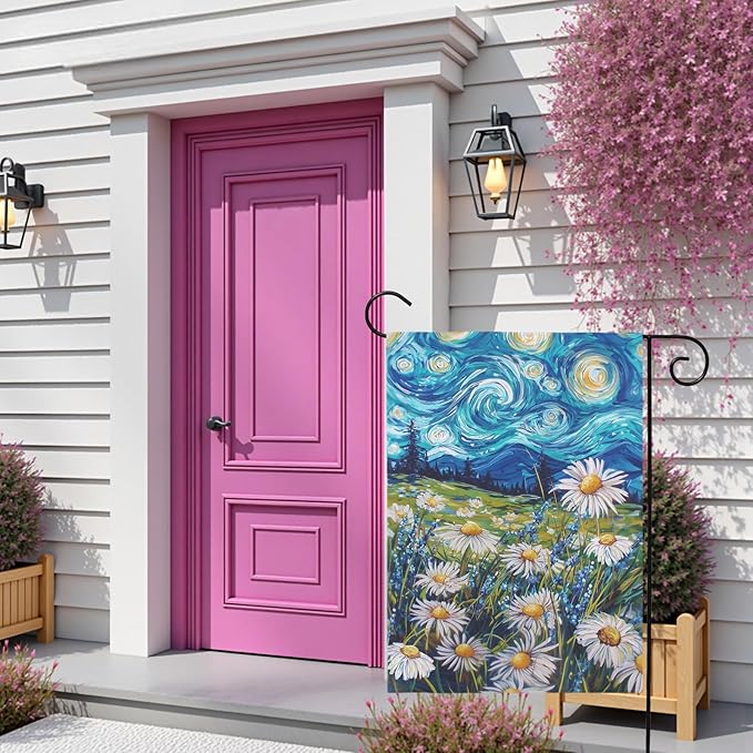 Spring Daisy Garden Flag Starry Night Van Gogh Style Yard Flags Vibrant Floral Meadow Landscape Seasonal Welcome House Banners for Summer Patio Lawn Porch Farmhouse Outdoor Decor 12x18 Inch