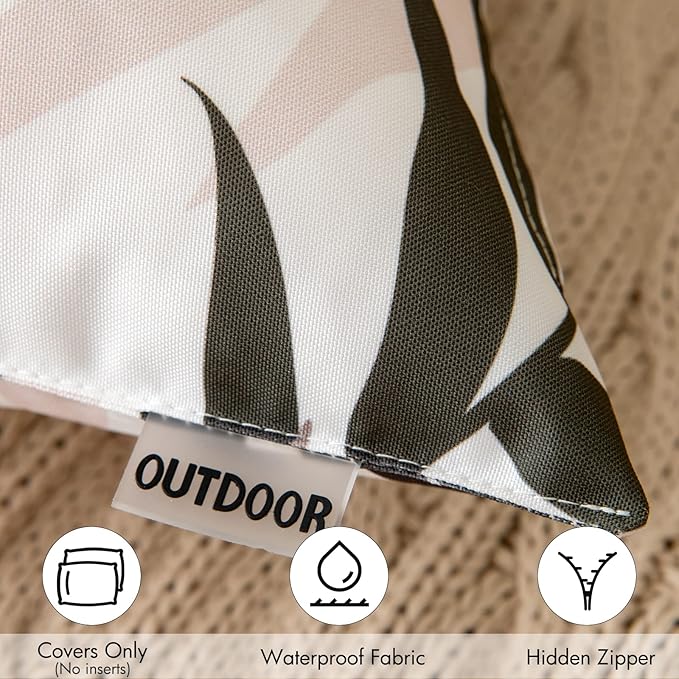 MIULEE Pack of 2 Decorative Outdoor Waterproof Throw Pillow Covers Patio Pillow Cases Natural Leaves Pattern Spring Square Cushion Shams Shell for Garden Balcony Couch 18x18 Inch, Coffee Brown
