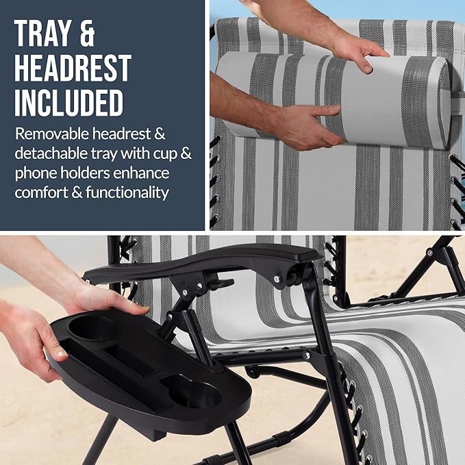Best Choice Products Set of 2 Extra Wide Adjustable Steel Mesh Zero Gravity Lounge Chair Recliners w/Pillows and Cup Holder Trays - Gray Stripes