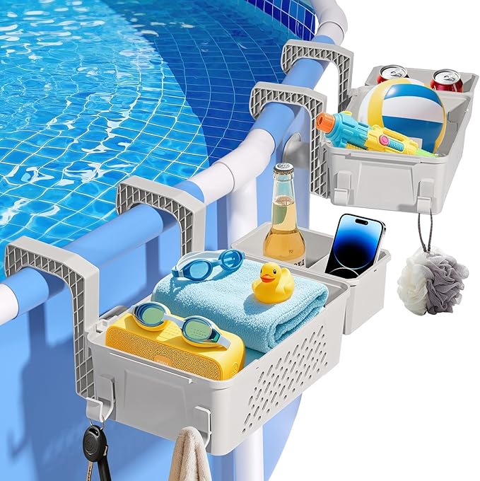 【2026 Upgrade】2-Pack Poolside Storage Basket with Cup Holder, Above Ground Pool Accessories, 3-in-1 Swimming Pool Hanging Storage Baskets to Organize Cups & Towels, Fits 3 Inch or Less Top Rail(Beige)