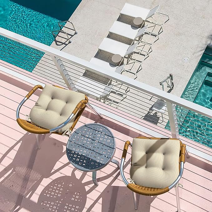 LVTXIII Outdoor Seat Cushions Seasonal Tufted Chair Cushions, Patio Chair Pads for Dining Chairs, Office Armchairs and Garden Furniture Decoration (Round Back, 19”x19”x4”, Stripe Beige, 2 Pack)