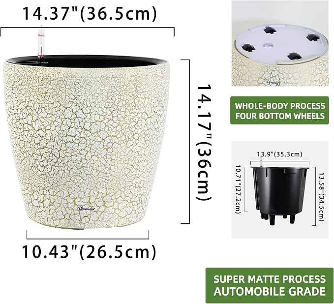 Dexceder 15x14 Self Watering Planter with Wheels (White Gold Crackle) | Inner Pot Design, Thickened Large Floor Standing Flower Plant Pot with Water Level Indicator Indoor Outdoor