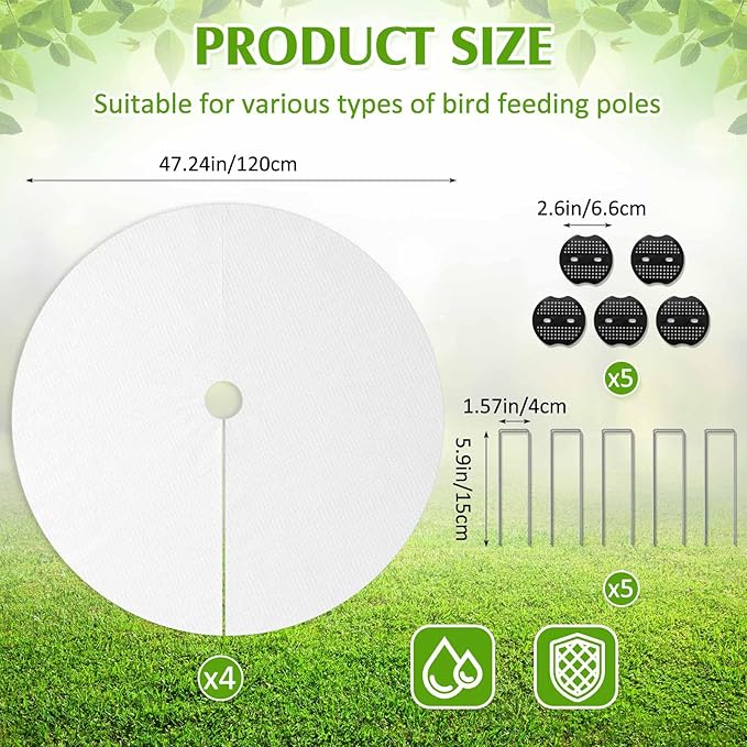 Tinideya 4 Pcs PVC Shepherd's Hook Bird Droppings Mat 47.24" Round Bird Feeder Mat with 8 Ground Spikes Intercepts Birds Droppings Spilled Feed for Protect Lawns Garden
