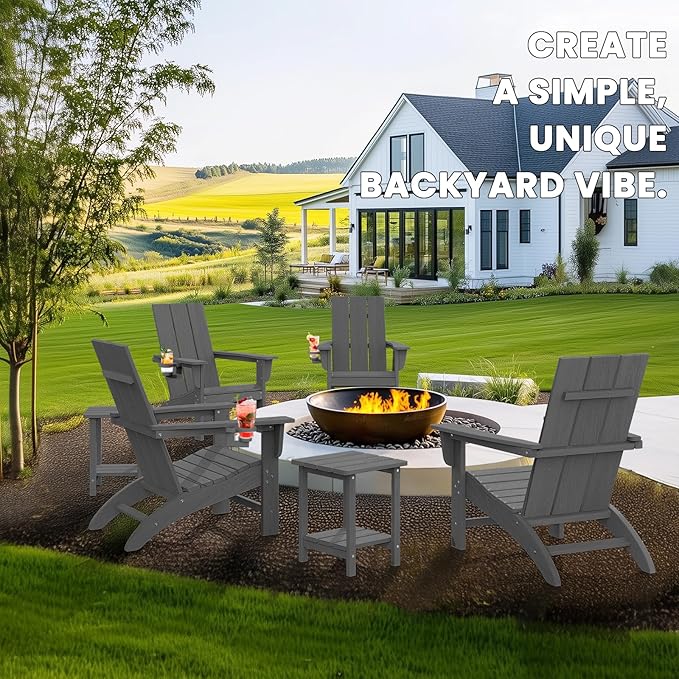 Modern Adirondack Chair with Cup Holder, HDPE Plastic Patio Chairs for All Weather, Fire Pit Chair, Outdoor Lawn Chairs for Deck, Porch, Backyard, Garden, Slate Gray