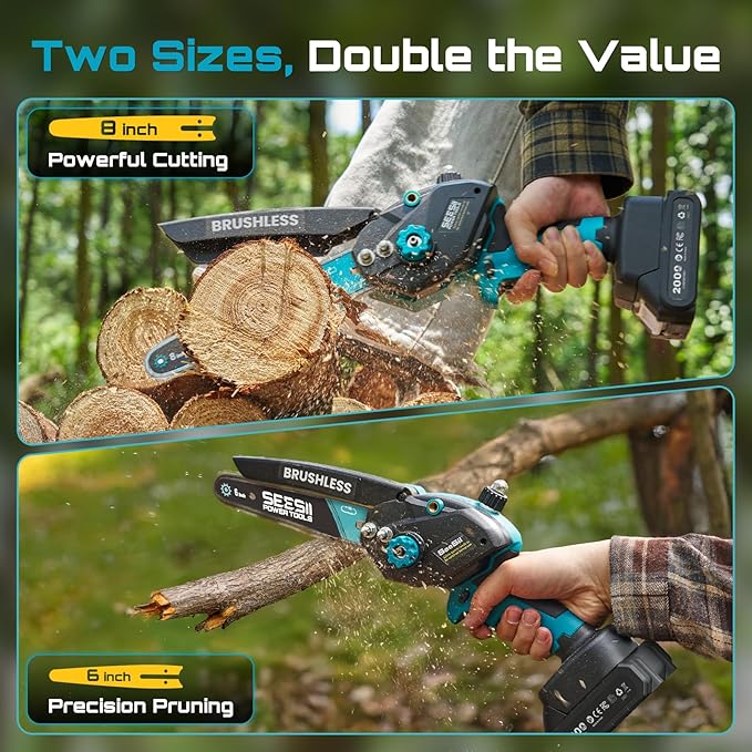 Seesii Mini Chainsaw Cordless, 8 Inch & 6 Inch Electric Chainsaw with 2 Batteries & Auto Oiler, 1000W Brushless Handheld Chain Saw for Tree Branch Wood Cutting, Garden Tools Gift for Men Dad Husband
