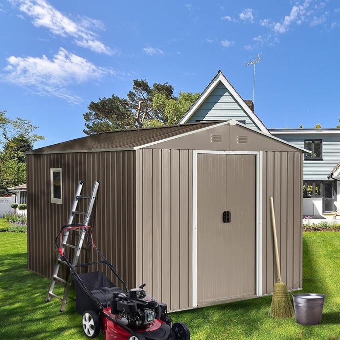 KEIKI 8x10 FT Outdoor Metal Storage Shed with Peaked Roof,Vents,Window and Metal Foundation for Garden Yard