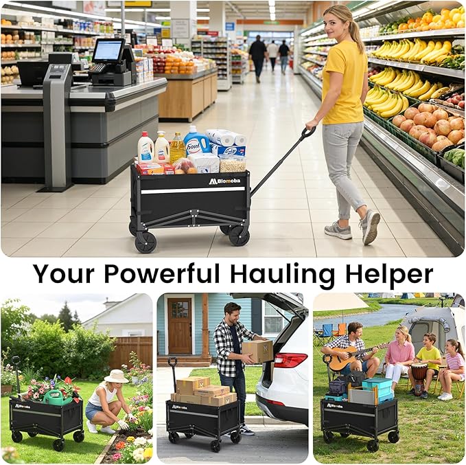 Blomoba Collapsible Wagon Cart, Flexible Handle, Portable Collapsible Wagon with All-Terrain Wheels 360° Rotation, 220LBS Heavy Duty Utility Cart for Garden Camping Grocery Sports Shopping Beach