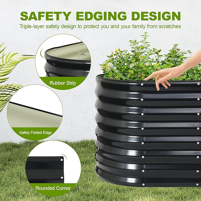 24" Tall Galvanized Raised Garden Bed Outdoor, 8x2x2ft Deep Metal Planter Box with Safety Edging & Support Bars, Large Oval Raised Beds for Gardening Plants Vegetables Herbs Flowers (Dark Grey)