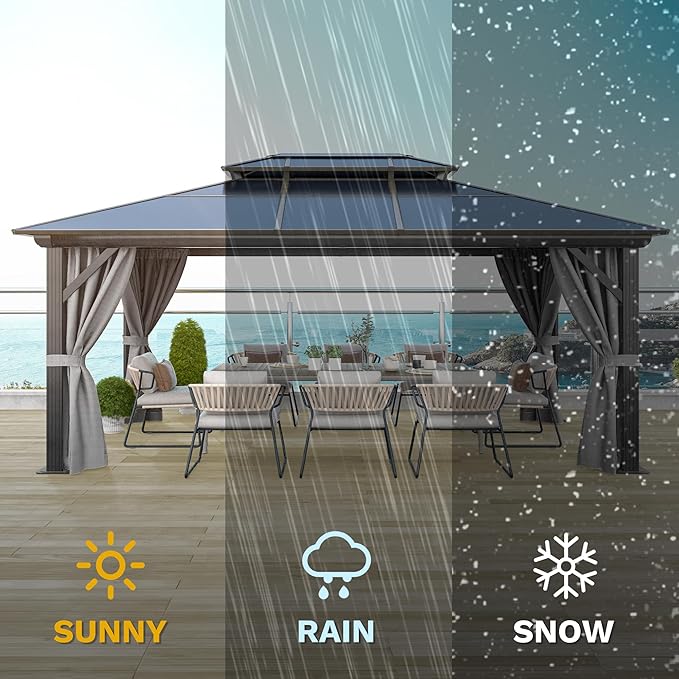 DWVO 12x16FT Gazebo Double Roof Canopy Outdoor Hardtop with Netting and Shaded Curtains, Aluminum Frame Polycarbonate Hardtop Garden Tent for Patio, Backyard, Deck and Lawns, Gray