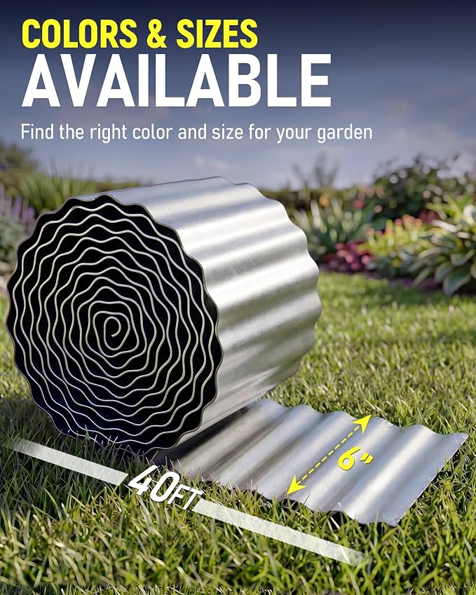 Corrugated Metal Garden Edging, 6"×40Ft Durable Landscape Border for Garden, Lawn, Flower Beds and Paver Edging (Gun Silver)