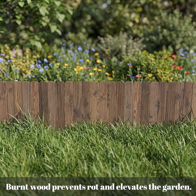 Garden Wooden Fence Edging, Burnt Wood Finish, Fir Wood,Outdoor Lawn Landscape Border (3, 11.8" Height)