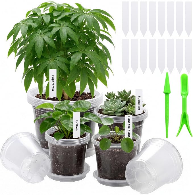 5/6/7/10 Inch Clear Nursery Pots with Drainage & Saucers 16PCS , Plant Large Pots with Labels, Seedling Tool & Hole Puncher, Plastic Nursery Pots for Succulents, Seedings, Herbs, Flowers, Vegetables