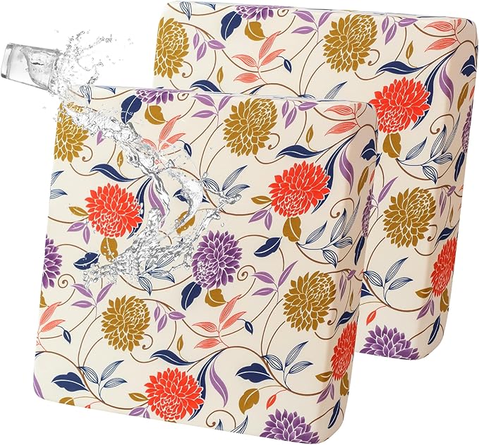 FORCHEER Waterproof Ourdoor Chair Cushion Covers Set of 2 23x23 Floral Printed Stretch Patio Chair Cushino Covers for Rattan Patio Furniture Replacement