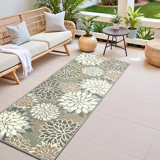 2x6 Washable Runner Rug for Hallway Tropical Botanical Modern Floral Chenille Kitchen Rugs Low Pile Non Slip Carpet for Patio, Bedroom, Laundry, Taupe