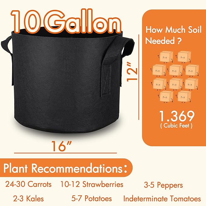 Gardzen 20-Pack 10 Gallon Grow Bags, 300G Thickened Aeration Fabric Pots with Handles, Heavy Duty Plant Bags for Plants