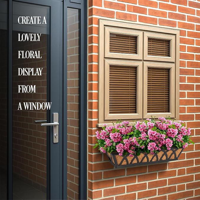 36IN Window Box Railing with Adjustable Brackets, Hanging Flower Planter Basket with Coco Liner for Outdoor Balcony Porch Fence Patio (Black - Set 4)